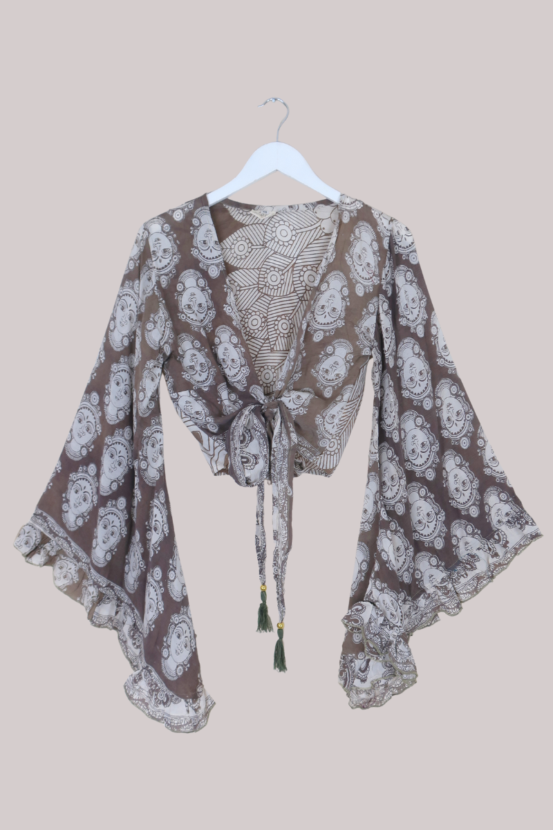 Venus Vintage Cotton Wrap Top in Clay Brown - Size XS