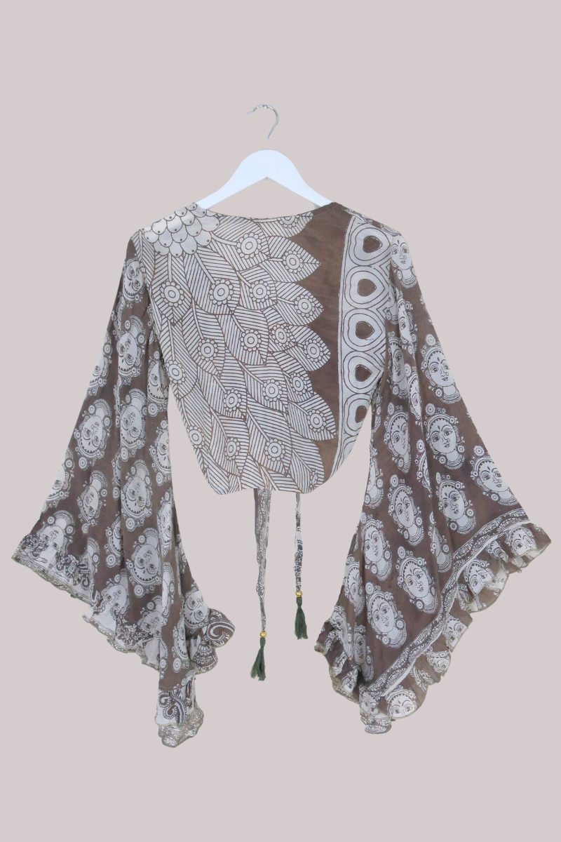 Venus Vintage Cotton Wrap Top in Clay Brown - Size XS