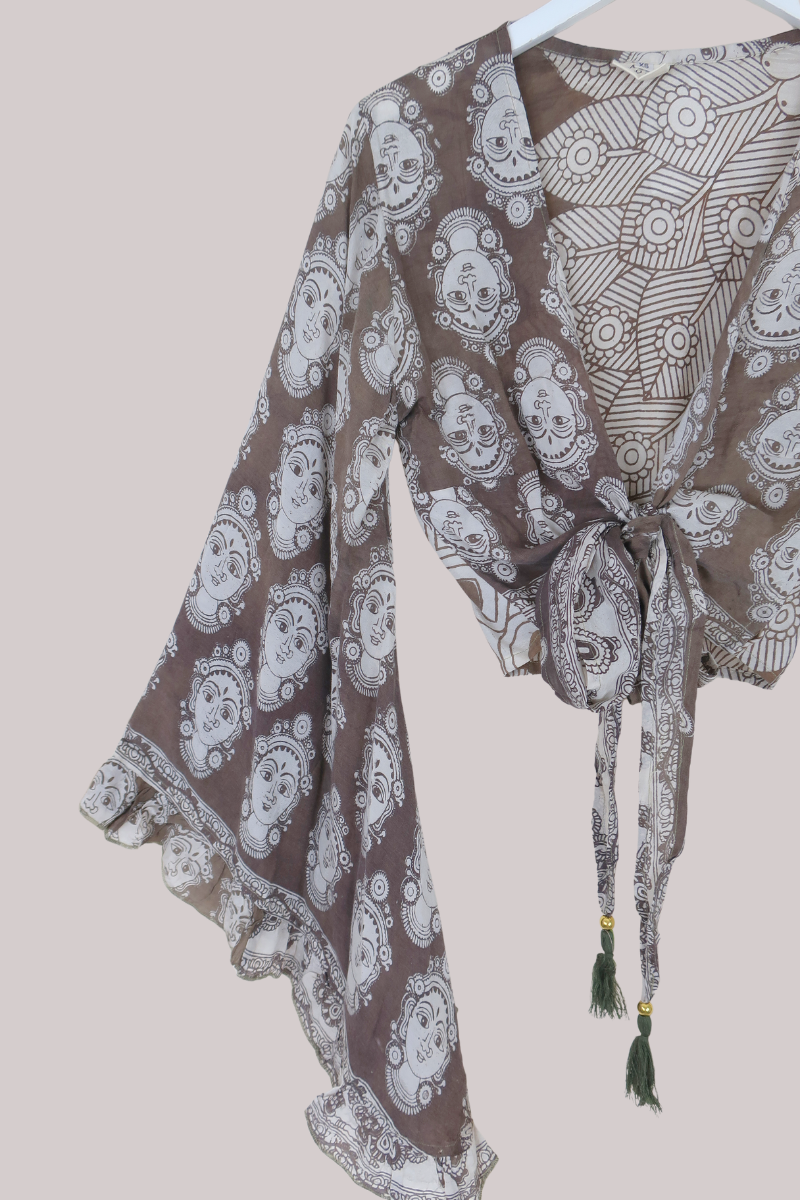 Venus Vintage Cotton Wrap Top in Clay Brown - Size XS