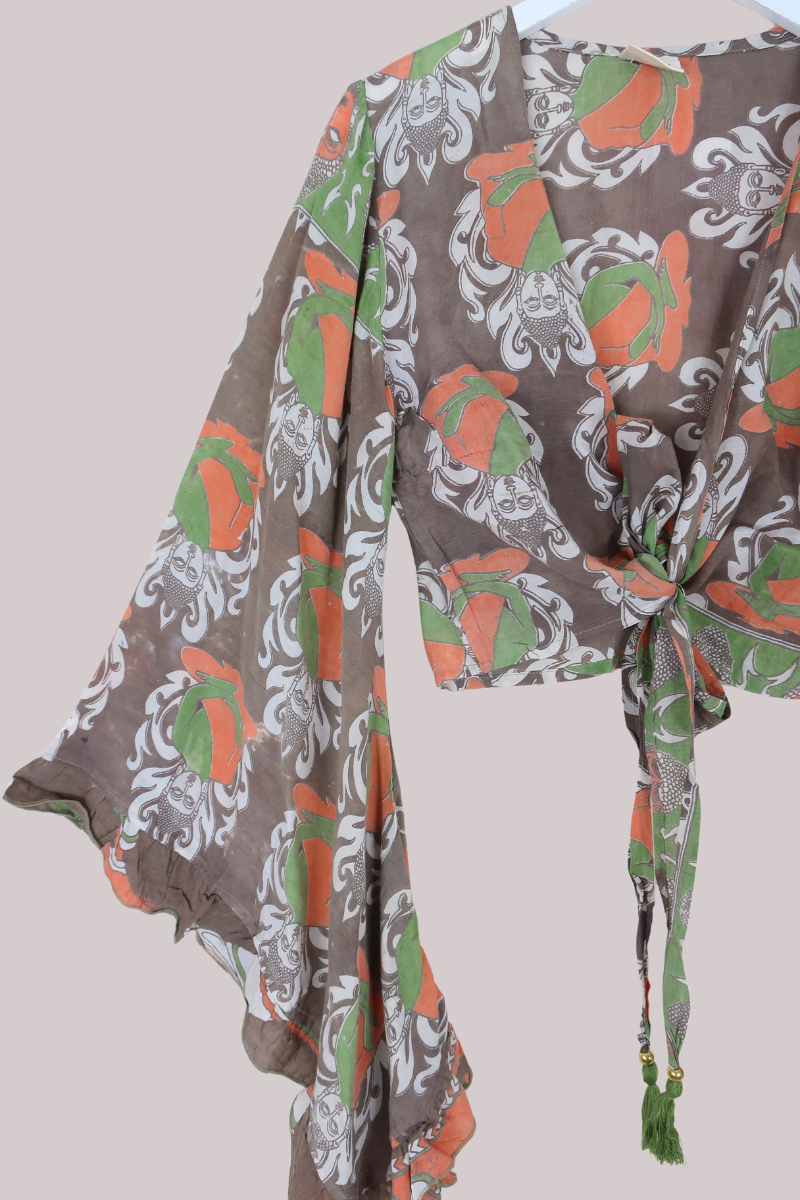 Venus Vintage Cotton Wrap Top in Earth Tones Meditation - Size S/M