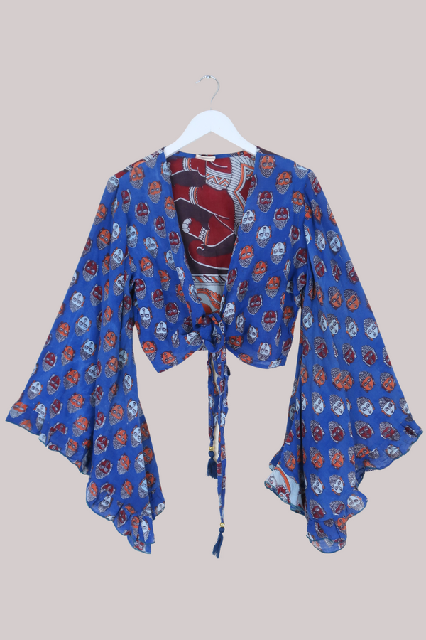 Venus Vintage Cotton Wrap Top in Azure Abstract Faces - Size M/L