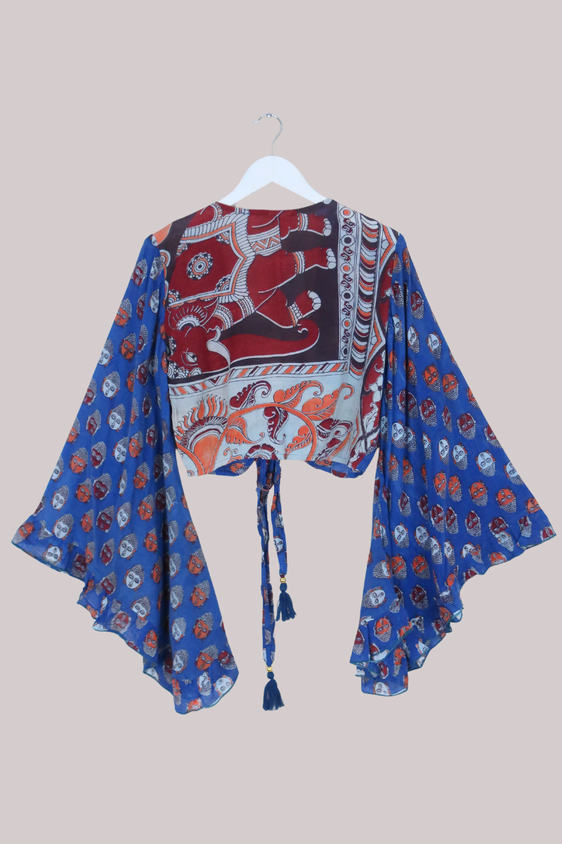 Venus Vintage Cotton Wrap Top in Azure Abstract Faces - Size M/L