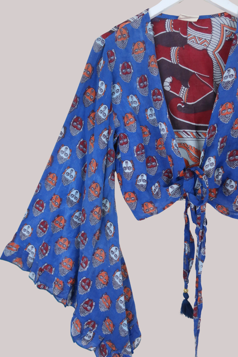 Venus Vintage Cotton Wrap Top in Azure Abstract Faces - Size M/L