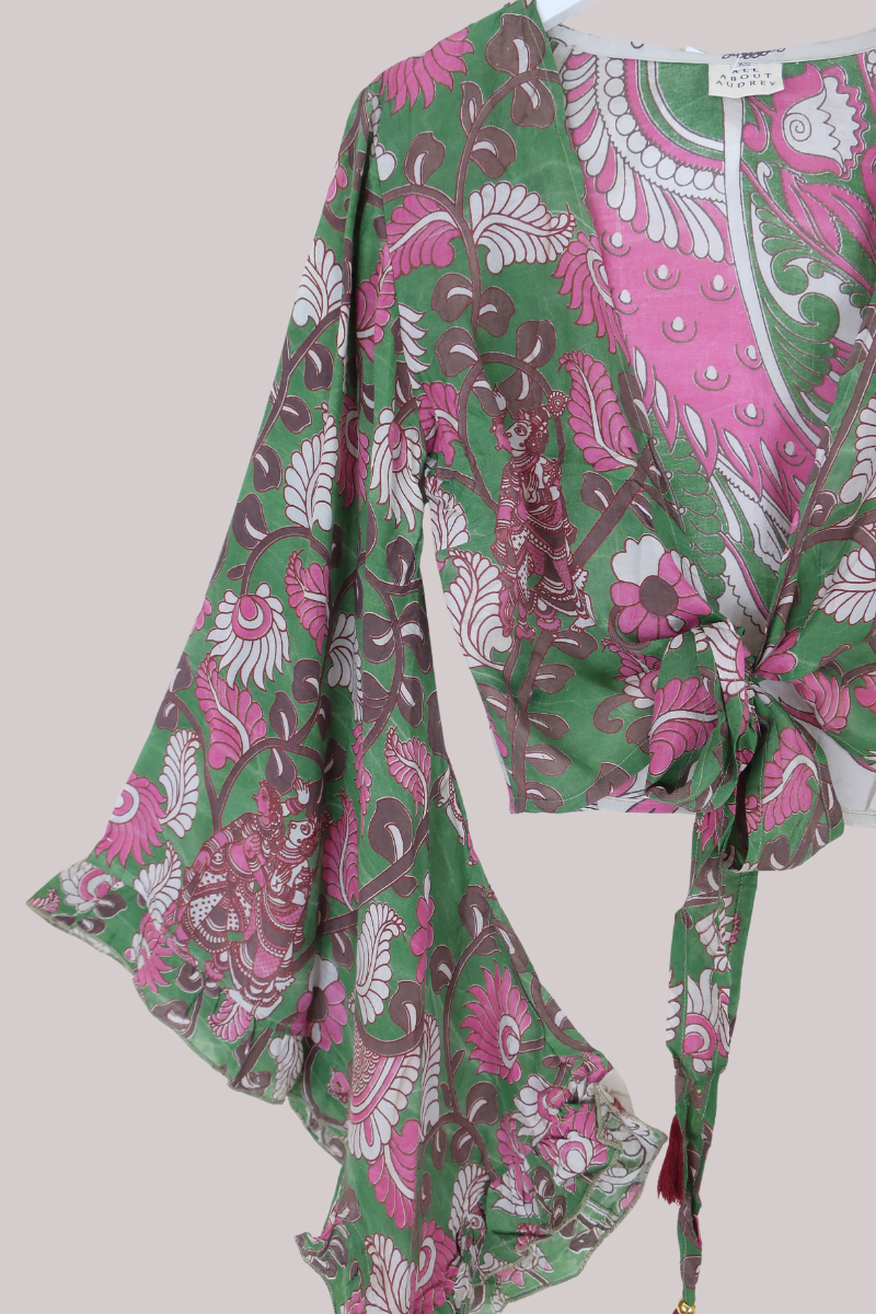 Venus Vintage Cotton Wrap Top in Abstract Flower Garden - Size XS