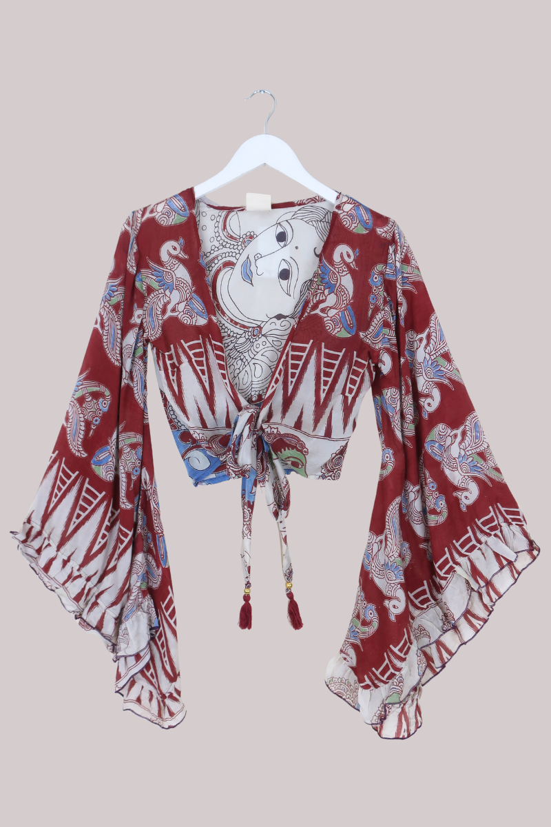 Venus Vintage Cotton Wrap Top in Merlot Peacocks - Size XS