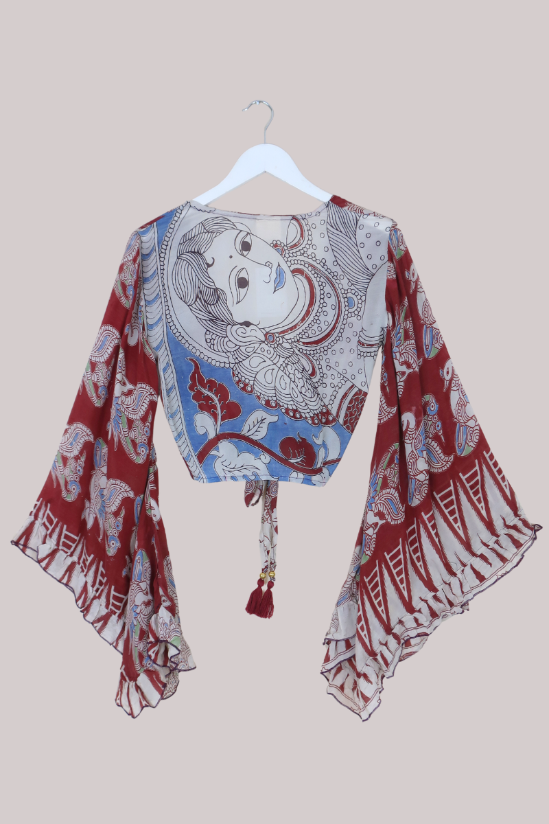 Venus Vintage Cotton Wrap Top in Merlot Peacocks - Size XS