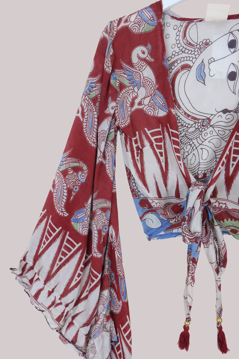 Venus Vintage Cotton Wrap Top in Merlot Peacocks - Size XS