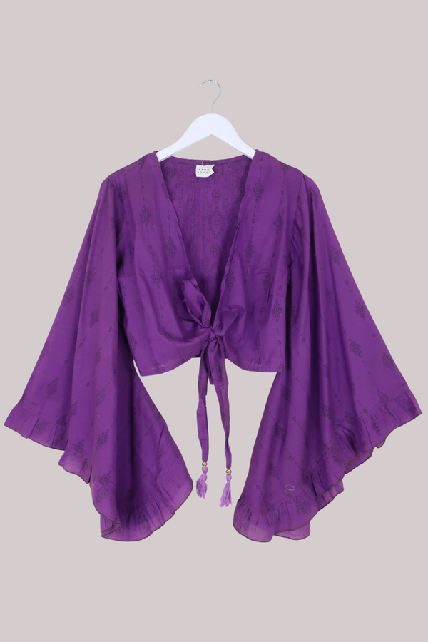 Venus Vintage Cotton Wrap Top in Amethyst Floral Motif - Size M/L