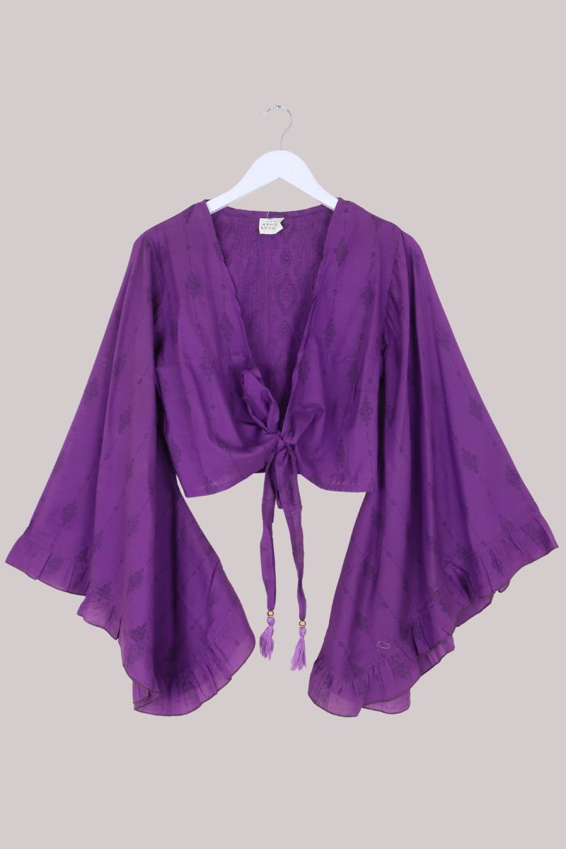 Venus Vintage Cotton Wrap Top in Amethyst Floral Motif - Size M/L