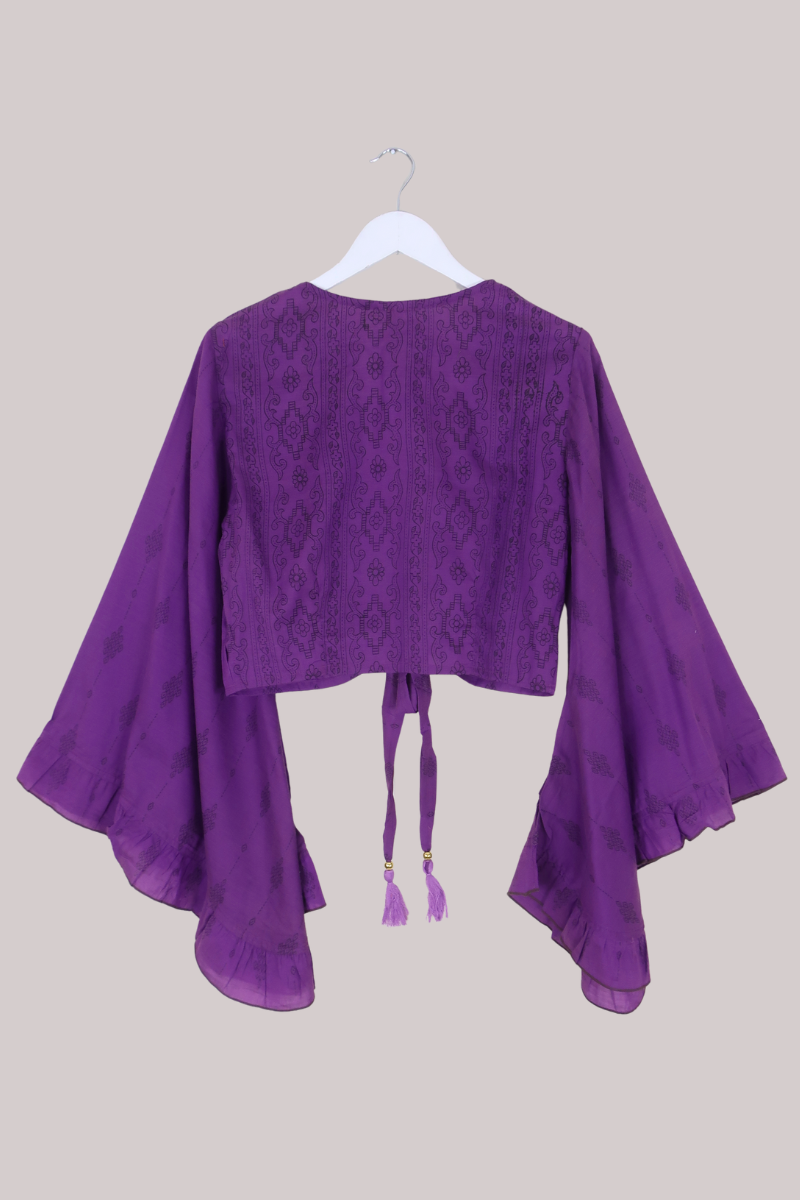 Venus Vintage Cotton Wrap Top in Amethyst Floral Motif - Size M/L