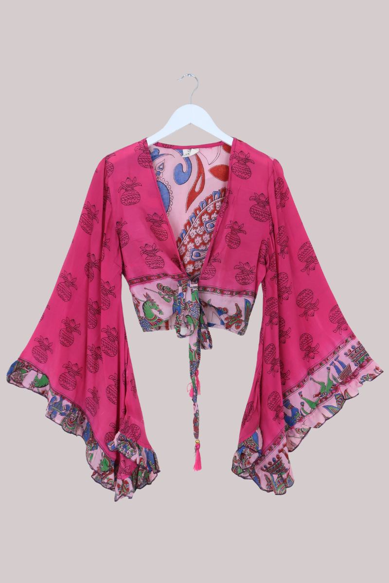 Venus Vintage Cotton Wrap Top in Pink Peacock - Size S/M