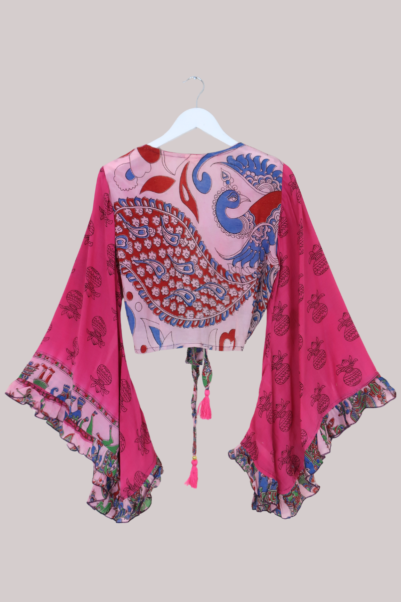 Venus Vintage Cotton Wrap Top in Pink Peacock - Size S/M