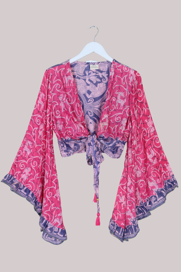 Venus Vintage Cotton Wrap Top in Hot Pink Gazelles - Size M/L