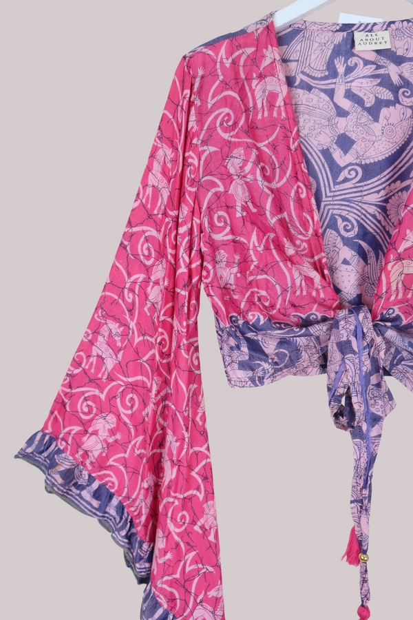 Venus Vintage Cotton Wrap Top in Hot Pink Gazelles - Size M/L