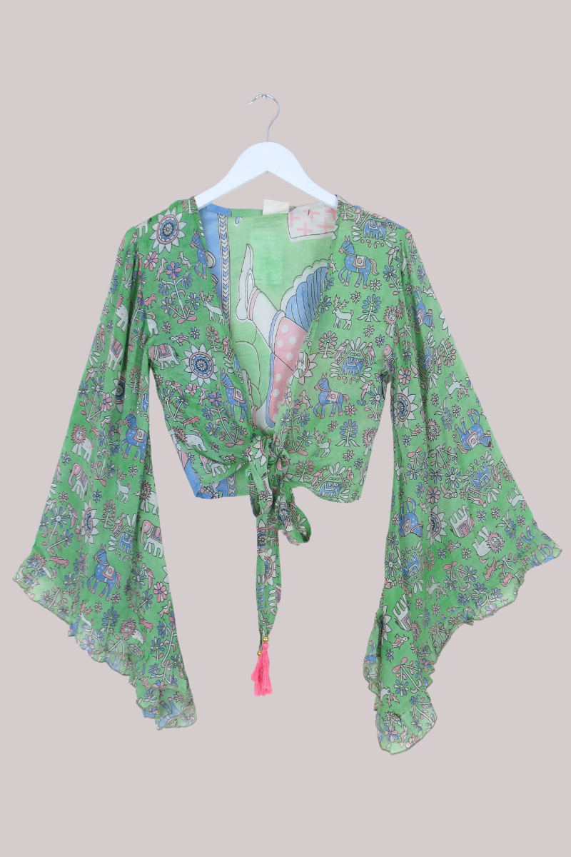 Venus Vintage Cotton Wrap Top in Pistachio Green Animals - Size XS