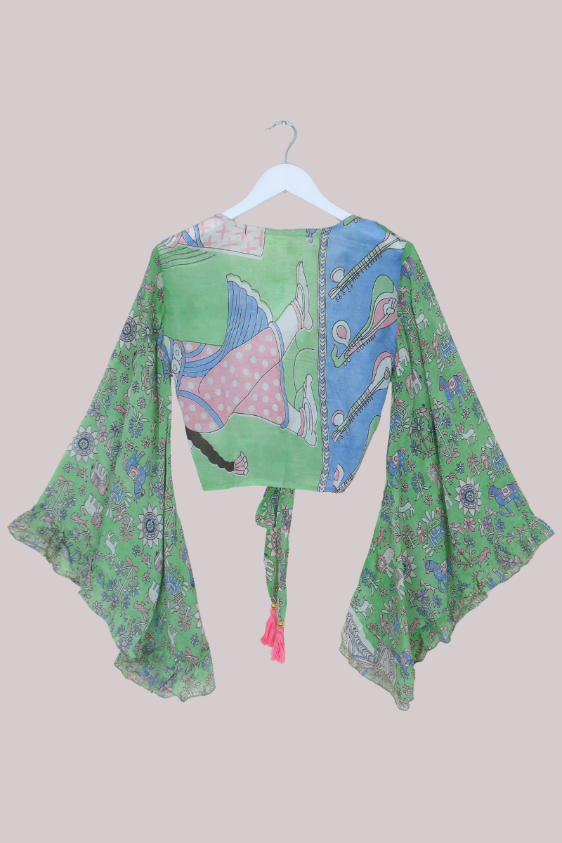 Venus Vintage Cotton Wrap Top in Pistachio Green Animals - Size XS