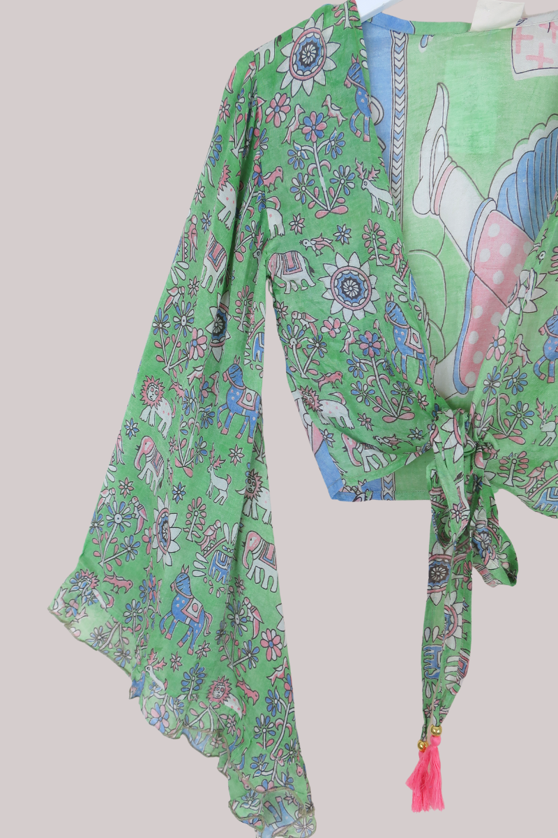 Venus Vintage Cotton Wrap Top in Pistachio Green Animals - Size XS