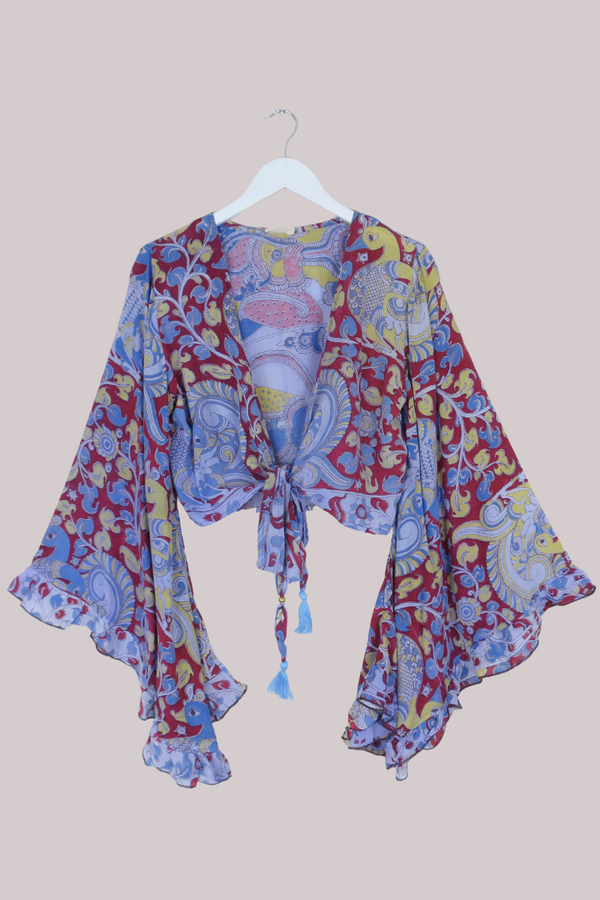 Venus Vintage Cotton Wrap Top in Crimson Paisley Peacock - Size M/L