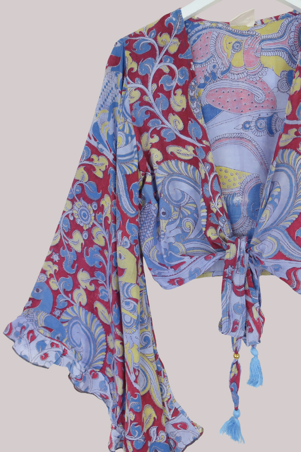 Venus Vintage Cotton Wrap Top in Crimson Paisley Peacock - Size M/L