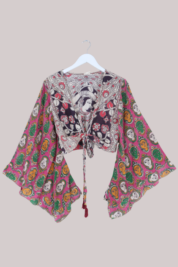 Venus Vintage Cotton Wrap Top in Vivid Pink Sari - Size M/L