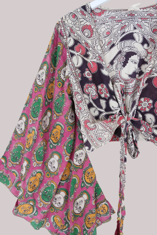 Venus Vintage Cotton Wrap Top in Vivid Pink Sari - Size M/L