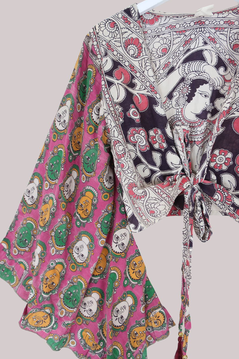 Venus Vintage Cotton Wrap Top in Vivid Pink Sari - Size M/L