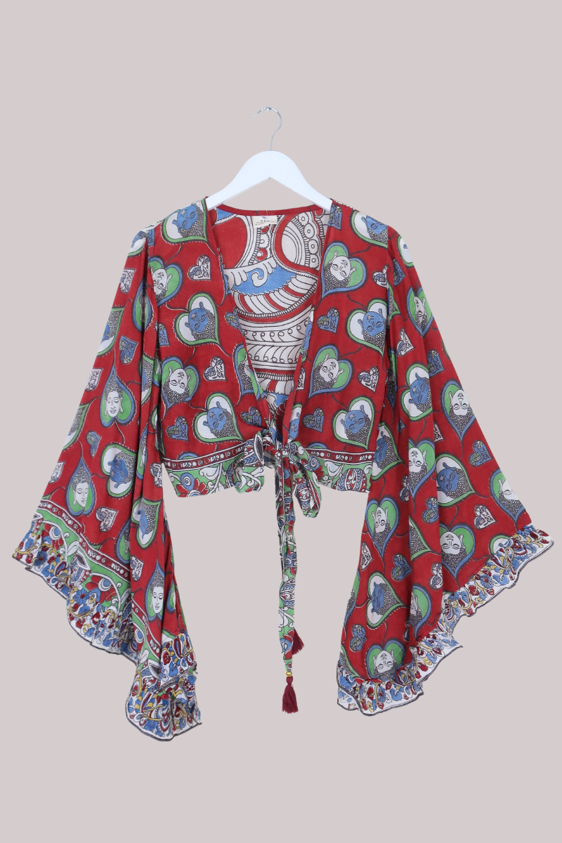 Venus Vintage Cotton Wrap Top in Garnet Faces - Size M/L