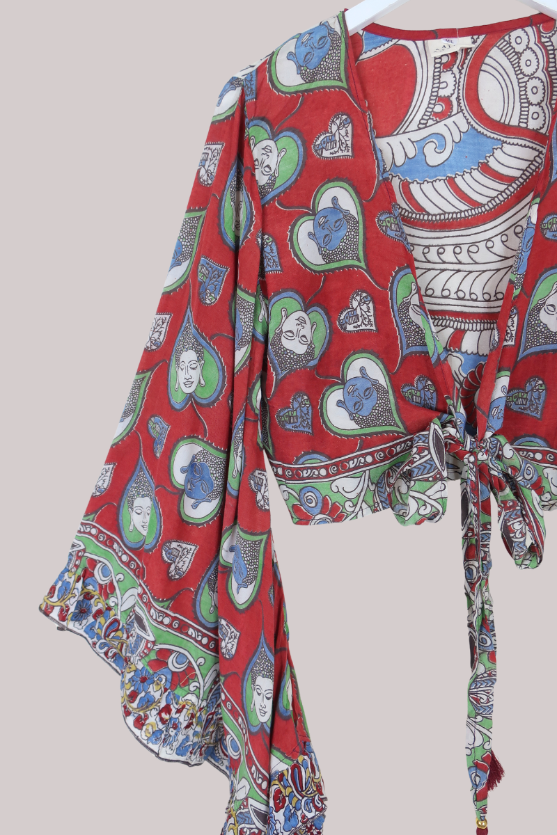 Venus Vintage Cotton Wrap Top in Garnet Faces - Size M/L