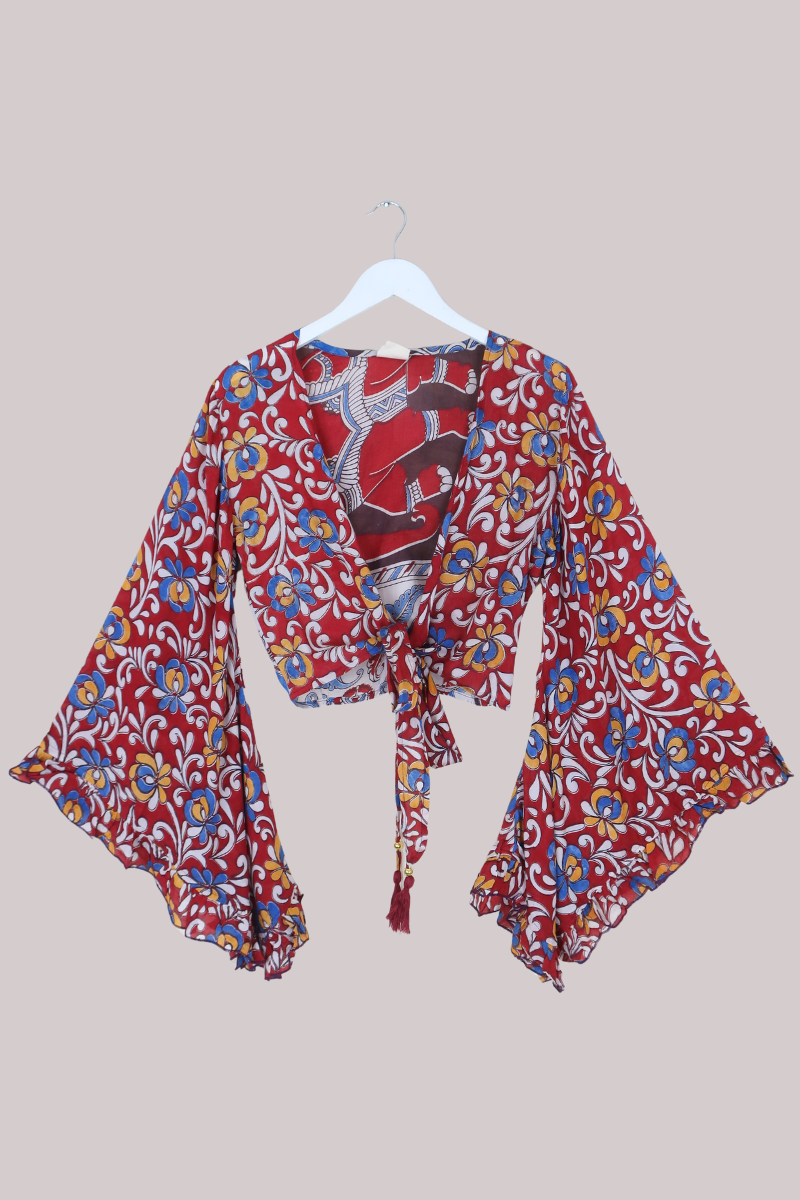 Venus Vintage Cotton Wrap Top in Abstract Paisley Elephant - Size XS