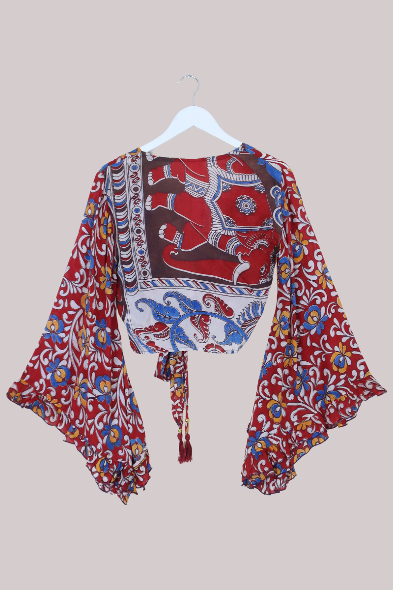 Venus Vintage Cotton Wrap Top in Abstract Paisley Elephant - Size XS