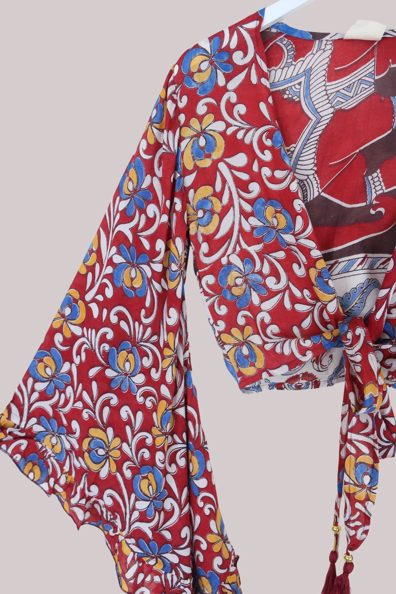 Venus Vintage Cotton Wrap Top in Abstract Paisley Elephant - Size XS