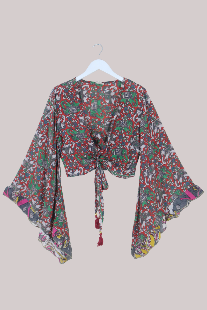 Venus Vintage Cotton Wrap Top in Abstract Opulent Elephants - Size M/L