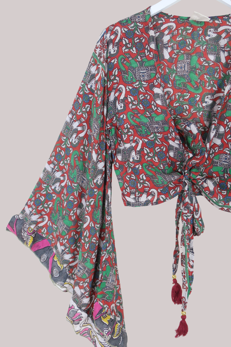 Venus Vintage Cotton Wrap Top in Abstract Opulent Elephants - Size M/L