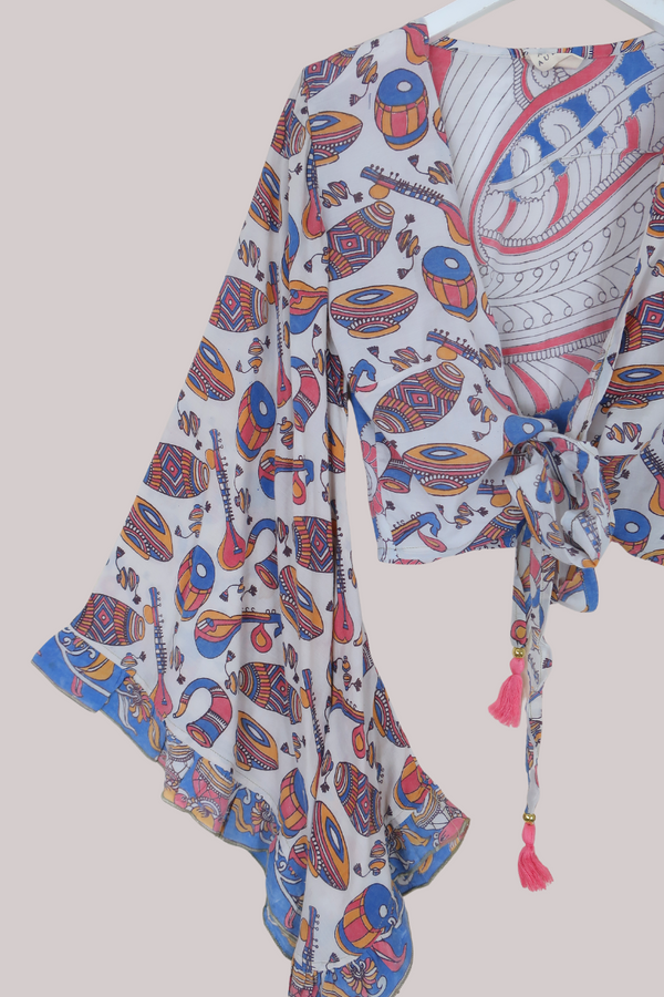 Venus Vintage Cotton Wrap Top in Scarlet & Blue Instruments - Size M/L