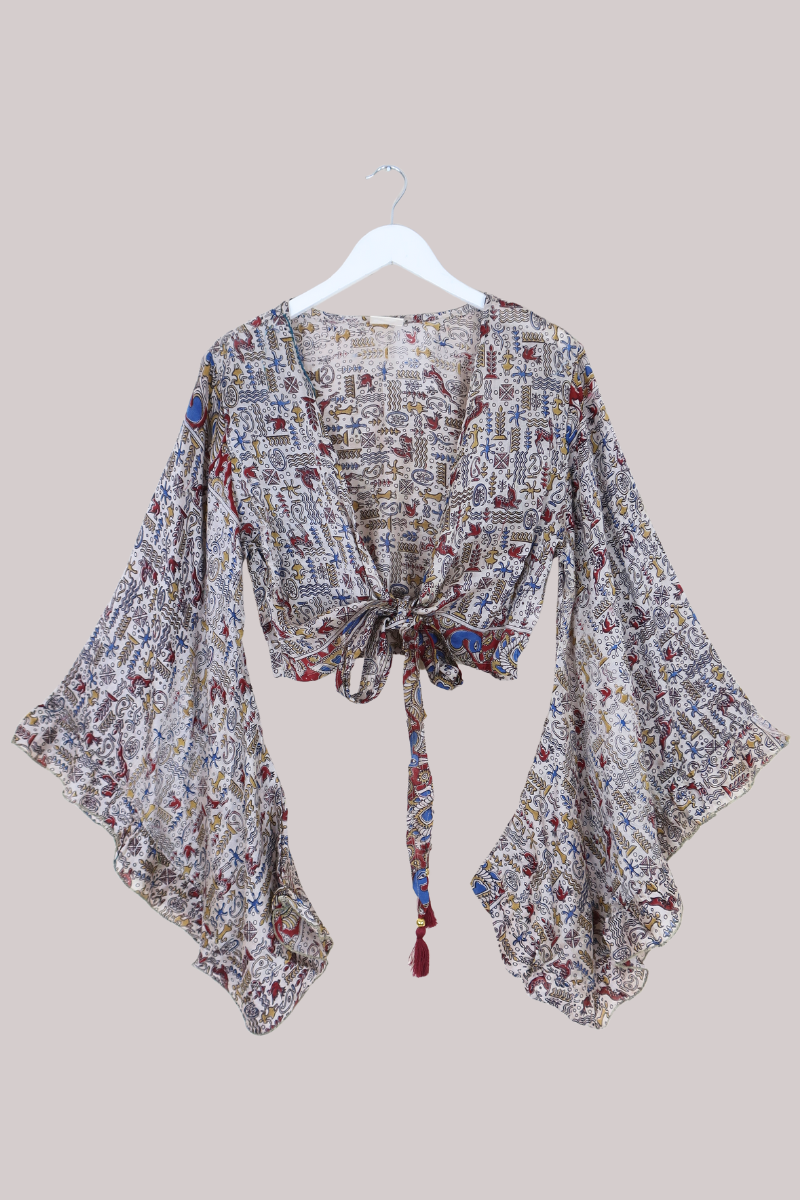 Venus Vintage Cotton Wrap Top in Abstract Story Sketches - Size S/M