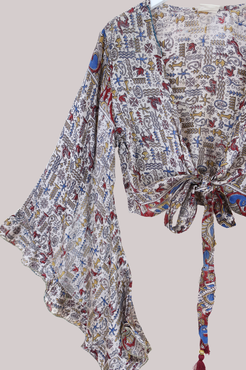 Venus Vintage Cotton Wrap Top in Abstract Story Sketches - Size S/M