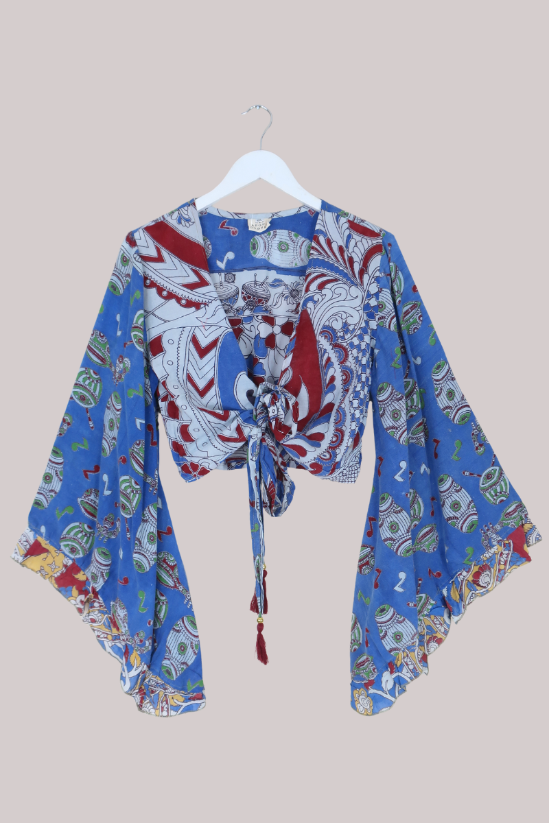 Venus Vintage Cotton Wrap Top in Drumbeat Blues - Size M/L