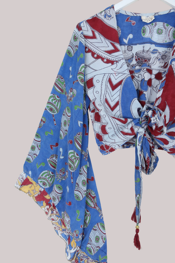 Venus Vintage Cotton Wrap Top in Drumbeat Blues - Size M/L