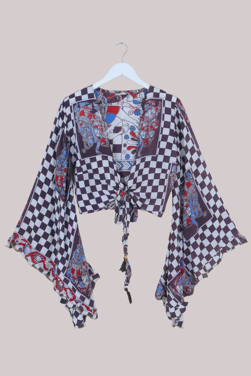 Venus Vintage Cotton Wrap Top in Cedar Checkerboard  - Size M/L