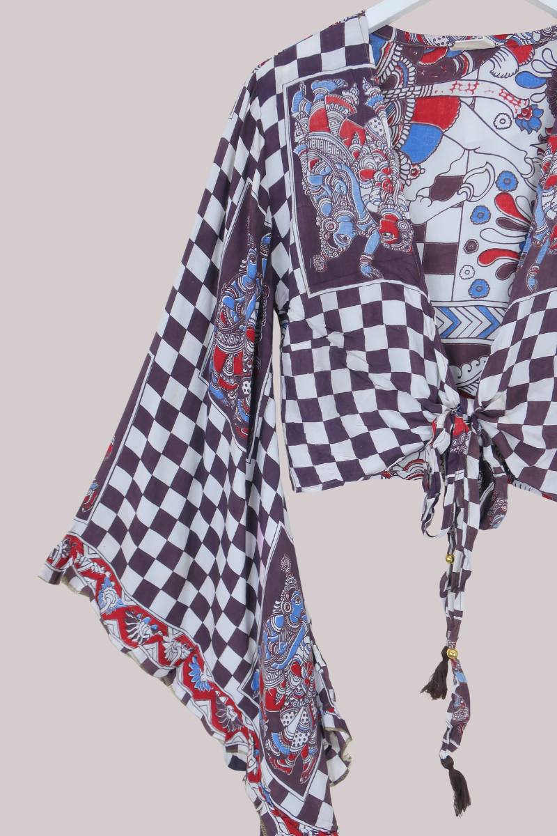 Venus Vintage Cotton Wrap Top in Cedar Checkerboard  - Size M/L