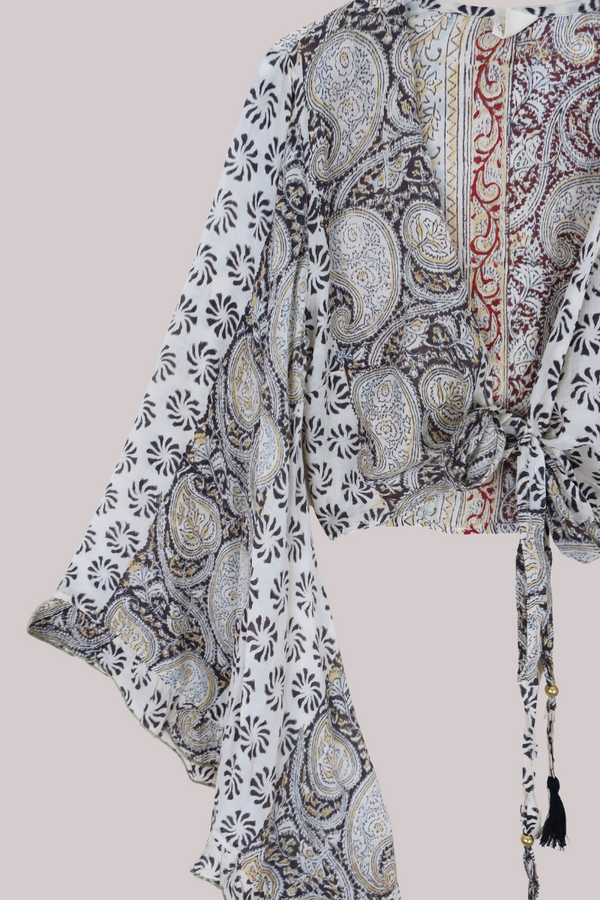 Venus Vintage Cotton Wrap Top in Earthy Paisley Tile - Size S/M