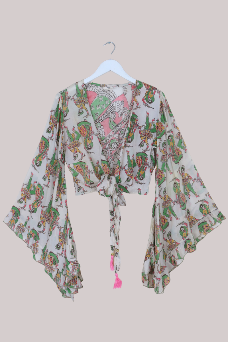 Venus Vintage Cotton Wrap Top in Sage & Pink Tapestry - Size S/M