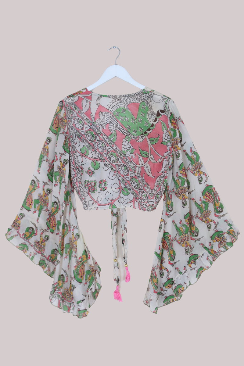 Venus Vintage Cotton Wrap Top in Sage & Pink Tapestry - Size S/M