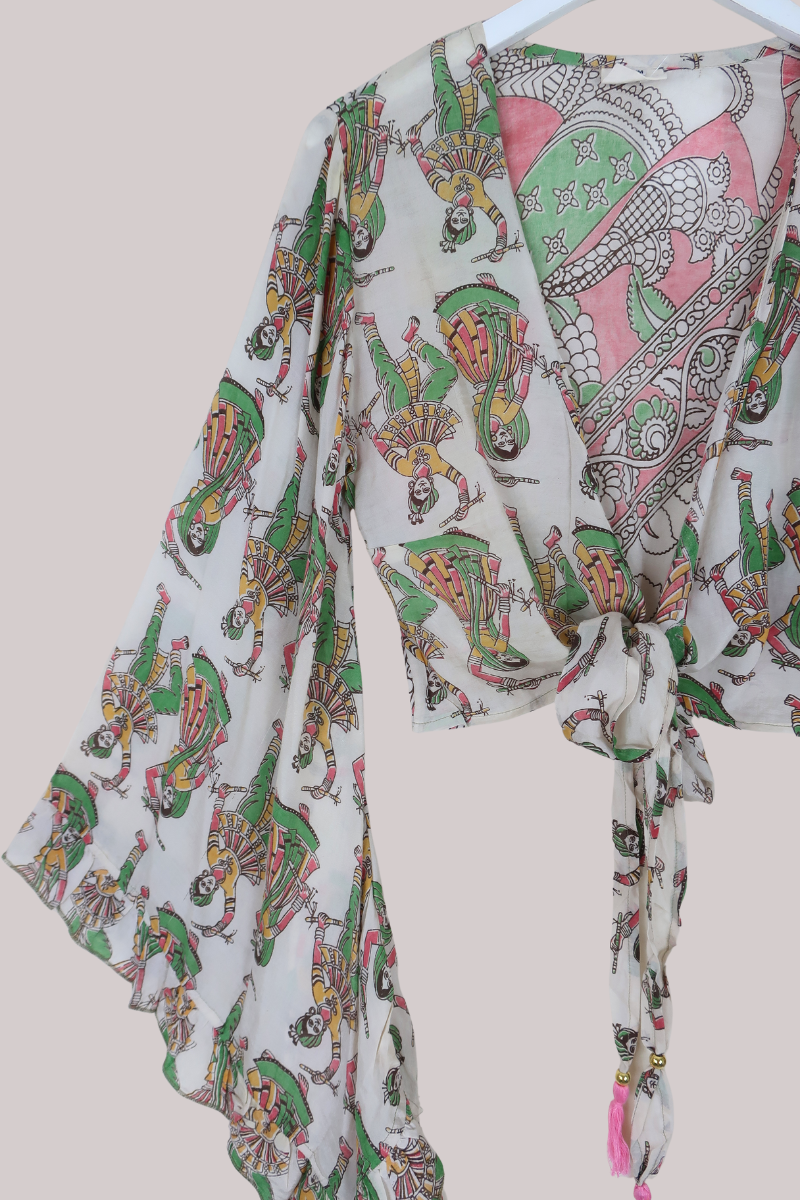 Venus Vintage Cotton Wrap Top in Sage & Pink Tapestry - Size S/M