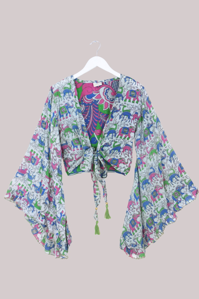 Venus Vintage Cotton Wrap Top in Colourful Safari Wildlife - Size S/M