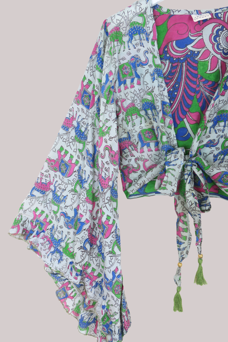 Venus Vintage Cotton Wrap Top in Colourful Safari Wildlife - Size S/M