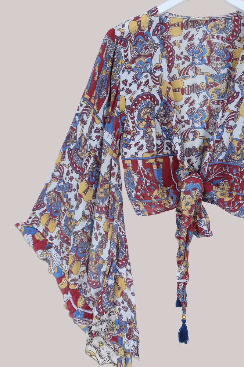 Venus Vintage Cotton Wrap Top in Abstract Musicians - Size S/M