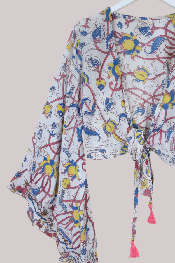 Venus Vintage Cotton Wrap Top in Technicolour Rose Buds - Size M/L