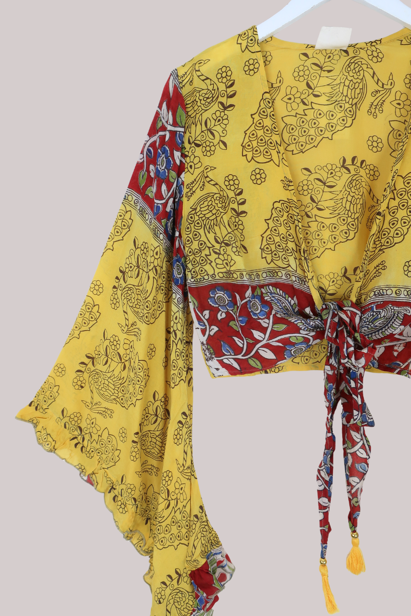 Venus Vintage Cotton Wrap Top in Dandelion Peacocks - Size S/M