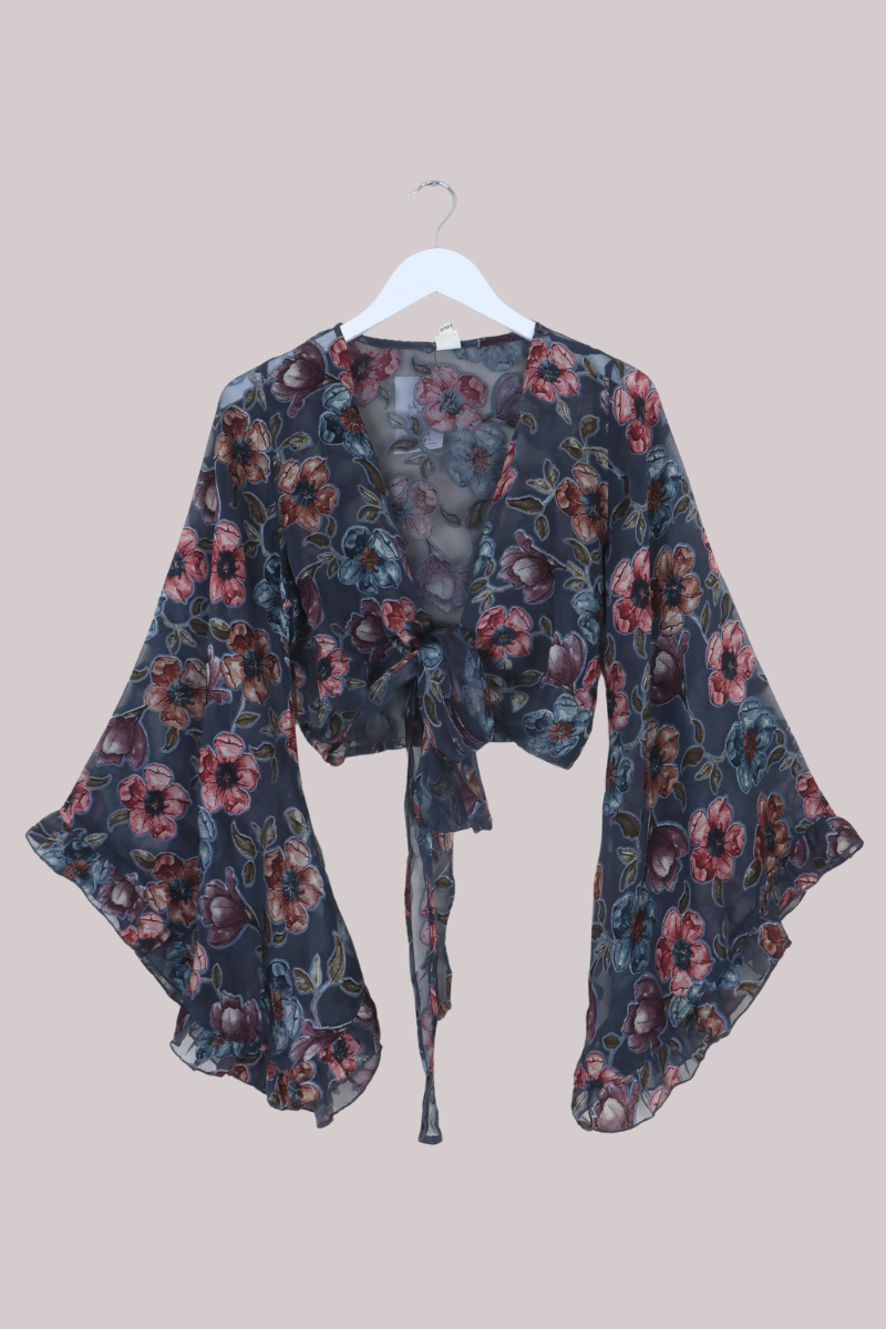 Venus Wrap Top in Pigeon Blue Floral Burn Out Velvet